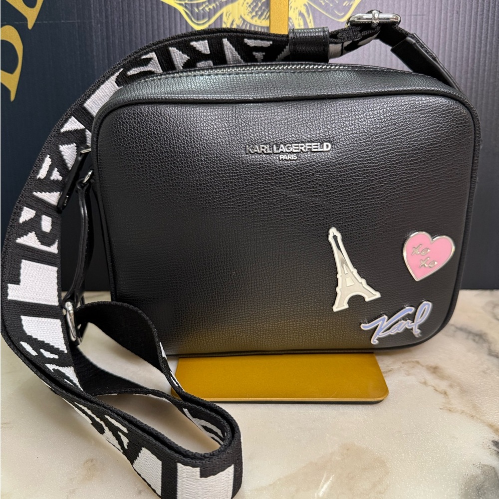 Karl Lagerfeld Paris Black Paris Appliqué Crossbody Bag Logo Strap
